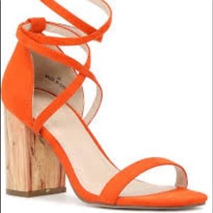Size 11 London Rag Red/Orange ankle wrap sandal with wood block heel - worn 1X
